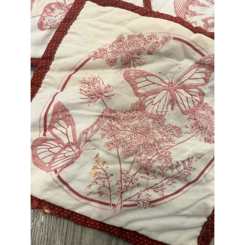 Vintage Set of 3 Quilted Fabric Coasters Red Toile Strawberry Cat Butterfly 8.5